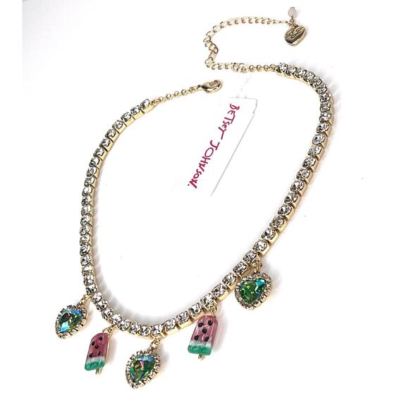NEW Betsey Johnson WATERMELON POPSICLE NECKLACE Iridescent & Crystal Rhinestones - Picture 1 of 6
